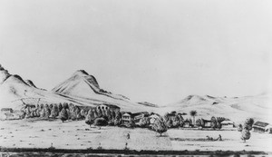 Drawing of the landscape and gardens near Mission San Luis Obispo, from the Grant Jackson collection, 1860