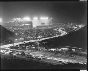 Birdseye view of Dodger Stadium at night