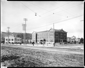 Highland Park Campus of Occidental College showing the Stimson Library, the Hall of Letters, and the Academy Building, Los Angeles, ca.1908