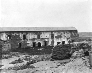 Exterior view of the church at Mission San Diego from across the court, taken by artist and photographer Edward Vischer, ca.1875