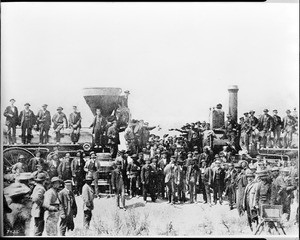 Portrait of railroad workmen and politicians at the driving of the last spike at Promontory, Utah, May 10, 1869