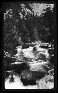 River moving along a rocky bank with trees on the outskirts, Yellowstone National Park, Wyoming