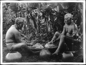 Two Native Hawaiian men grinding taro root for poi, Hawaii