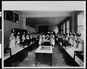 Nurses demonstrating a procedure at the Los Angeles General Hospital nursing school, ca.1925