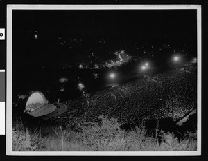 Birdseye view of the Hollywood Bowl during a nighttime performance