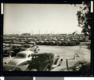 Cars parked in the employee parking lot at Lockheed Aircraft Plant in Burbank, 1942