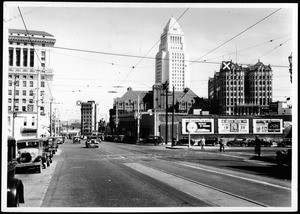 View of Temple Street looking east near Hill street, showing City hall, ca.1930-1960