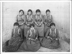 Small group of Yuma Indian girls posing at the government Indian School at Yuma, ca.1900