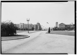 View of the University of California at Los Angeles campus showing Royce Hall and the Powell Library