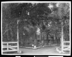 Gate leading to the old Baldwin stables at Lucky Baldwin's Santa Anita Rancho, ca.1900