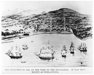 Drawing of San Francisco as seen from the bay, formerly Yerba Buena, 1846