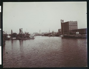 Head of navigation, showing flour mills, Stockton, ca.1900