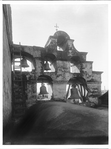 Mission San Gabriel bell tower from the rear from the roof of the mission, ca.1908