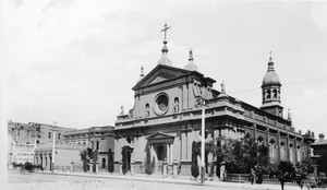 Exterior view of the Cathedral of Saint Vibiana, located at Main Street and Second Street, ca.1888