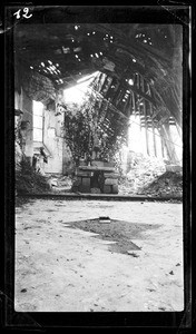 View of a collapsing roof on a damaged building during World War I, ca.1916