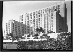 Exterior view of Los Angeles County General Hospital from a garden