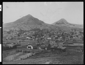 View of San Luis Obispo, showing the back yard of three homes, ca.1900