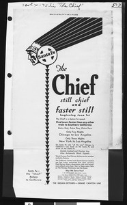 Santa Fe Railway advertisement for their train, "The Chief", ca.1920