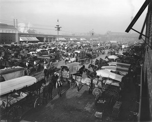 View of Central Market, showing many horses and wagons loaded with produce, Alameda Street and Sixth Street, Los Angeles