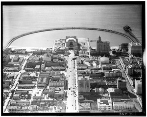 Aerial view of Long Beach from inland, showing Rainbow Pier