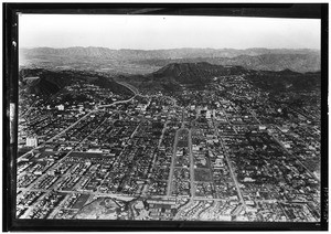 Aerial view of Hollywood, looking north towards the Cahuenga Pass