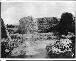 Exterior view of the ruins of the San Bernardino Assistencia, ca.1895