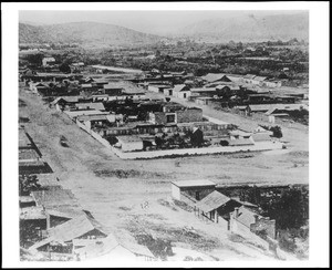 Birdseye view of Sonora Town, the first plaza area in Los Angeles, ca.1870