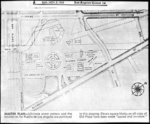 Map of the street pattern and boundaries for Pueblo de Los Angeles and the caption that appeared with the map when published, 1959