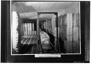 Citrus Crates on a carrier to the "precooling room", ca.1925