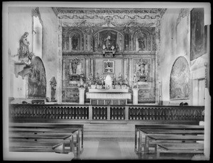 Mission Santa Barbara, showing main church altar, California, 1898