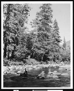 Man fishing from a rock in stream, ca.1940