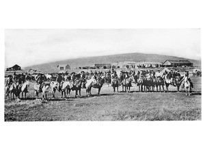 Cowboys on horseback at a big ranch in Montana, ca.1900
