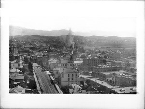 Panoramic view of downtown Los Angeles looking east (along Spring Street?) from the Court House, ca.1889