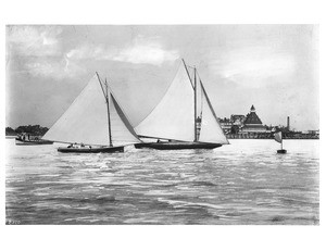Two yachts in a match race off the point of Coronado Beach, San Diego, ca.1910