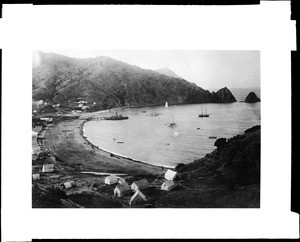 View of Avalon Harbor on Santa Catalina Island with a small steamer docked at the pier, ca.1889