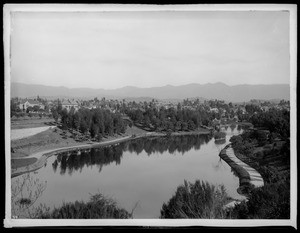 Hollenbeck Park and lake looking northeast from a bridge, Los Angeles, ca.1898