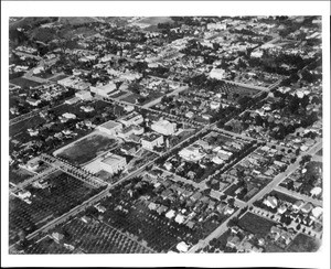 Aerial view of Hollywood looking northeast over Hollywood High School at the corner of Highland Avenue and Sunset Boulevard, 1918