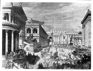 Painting (or lithograph?) depicting the Roman Forum restored