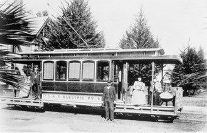 Los Angeles City Electric Railroad car at the Marlborough School at 23rd Street and Scarff Street, ca.1894