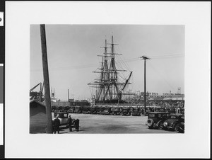 Frontal view of "Old Ironsides" replica at a harbor, San Pedro, ca.1926