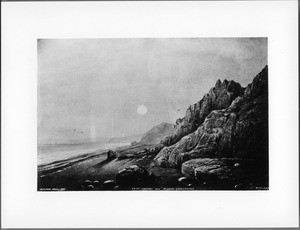 Drawing by Vischer of cliff passage at beach near San Juan Capistrano by moonlight, 1865