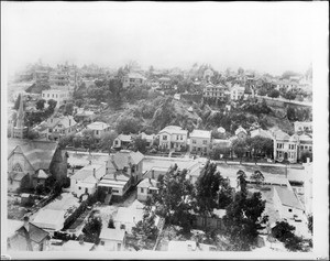 Panoramic view of Hill Street between Second Street and Third Street looking west from City Hall, Los Angeles, ca.1900