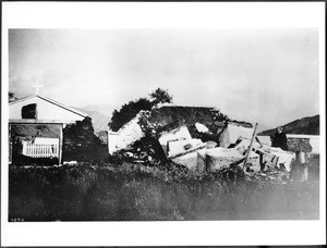 Toppled bell tower (campanario) of Mission Asistencia of San Antonio at Pala, California, ca.1916