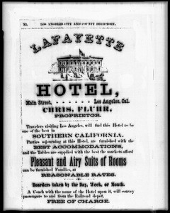 Handbill advertising the Lafayette Hotel in Los Angeles