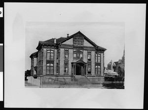 Exterior view of the Spring Street School on Broadway near Sixth Street in Los Angeles, ca.1890