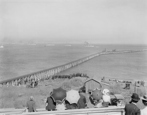 A view of San Pedro Harbor (or Los Angeles Harbor), showing the arrival of the Great White Fleet, ca.1908
