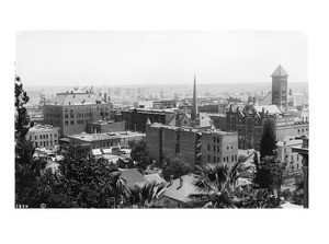 Panoramic view looking southeast from First Street and Hill Street toward Broadway, ca.1882-1895