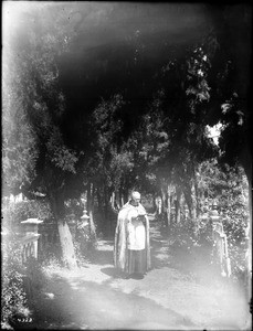 Father Reposo reading in the cemetery at Mission San Jose, California, ca.1908