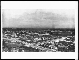 Panoramic view showing Sixth Street Park (later Pershing Square) from Fifth Street and Grand Avenue, downtown Los Angeles, ca.1880