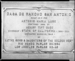 Detail of a plaque at the Casa de Rancho San Antonio